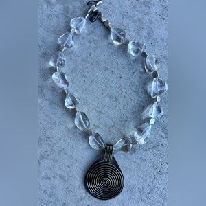 Artisan Spiral Pendant Necklace with Crystal Beads – Silver Tone